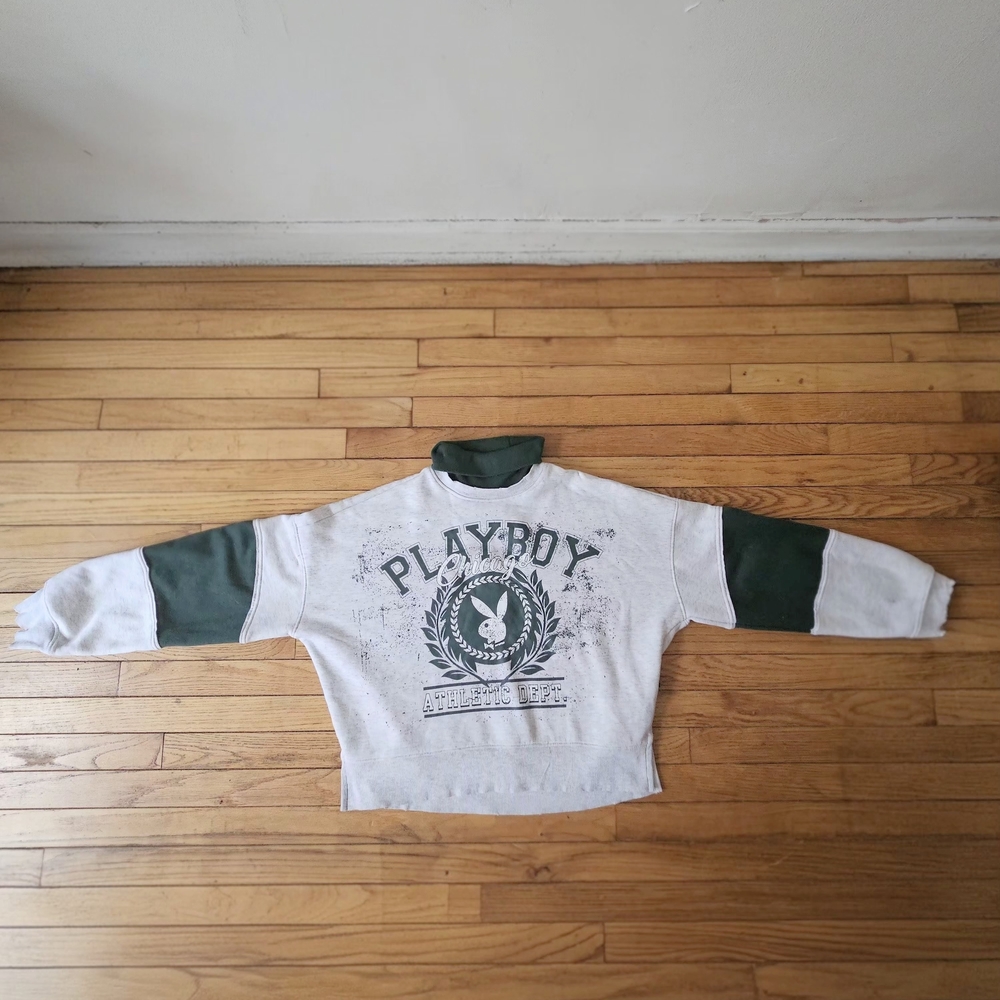 Missguided Turtle Neck Playboy Gray and Green Logo Sweatshirt